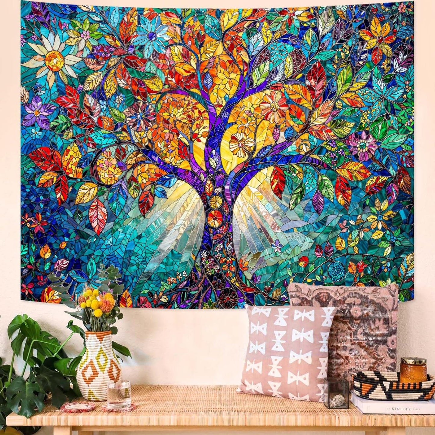 Lunerfex Tree of Life Tapestry Stained Glass Tapestry Wall Decor Tapestries for Bedroom Art Tapestries Wall Hanging for Bedroom Living Room Glass-Tree-02 70"x90"