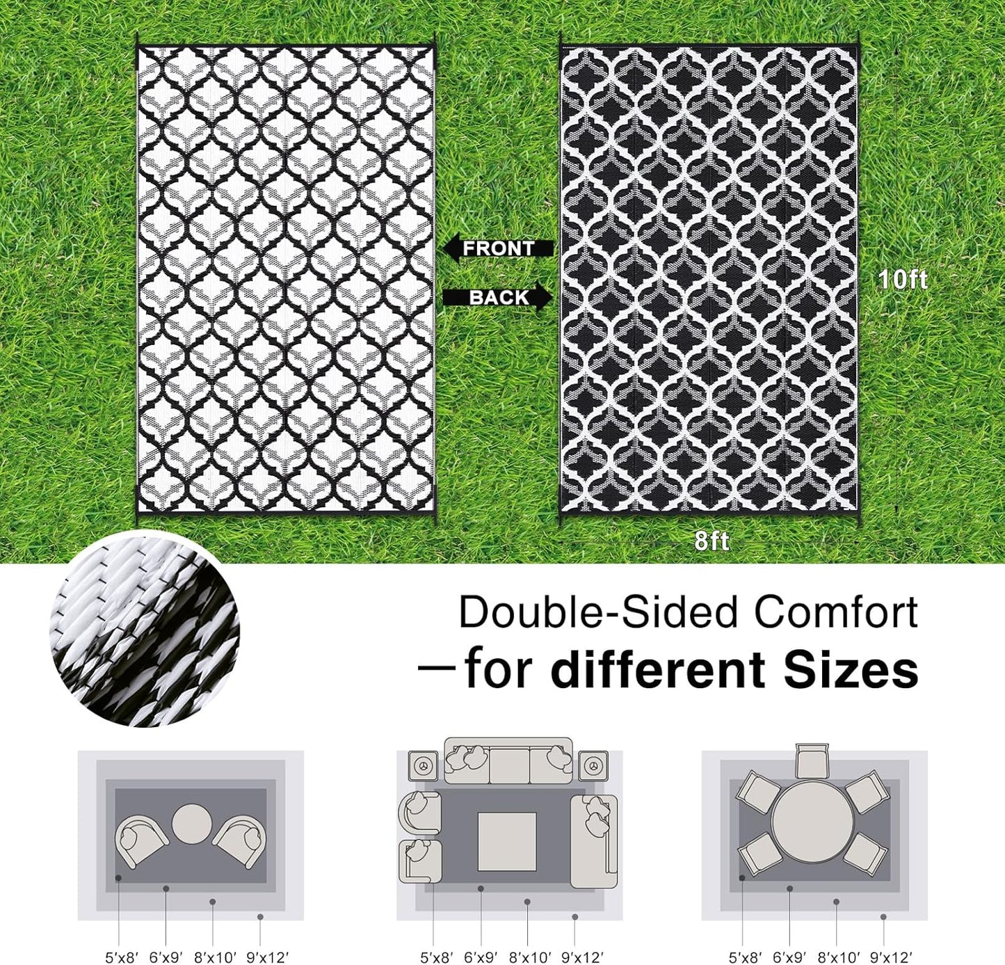 OLANLY Reversible Outdoor Rug 8x10 ft Clearance, Waterproof Outdoor Plastic Straw Rug with Interlacing Pattern, RV Mat for Patio, Camping, Balcony, Deck, Backyard, Black & White