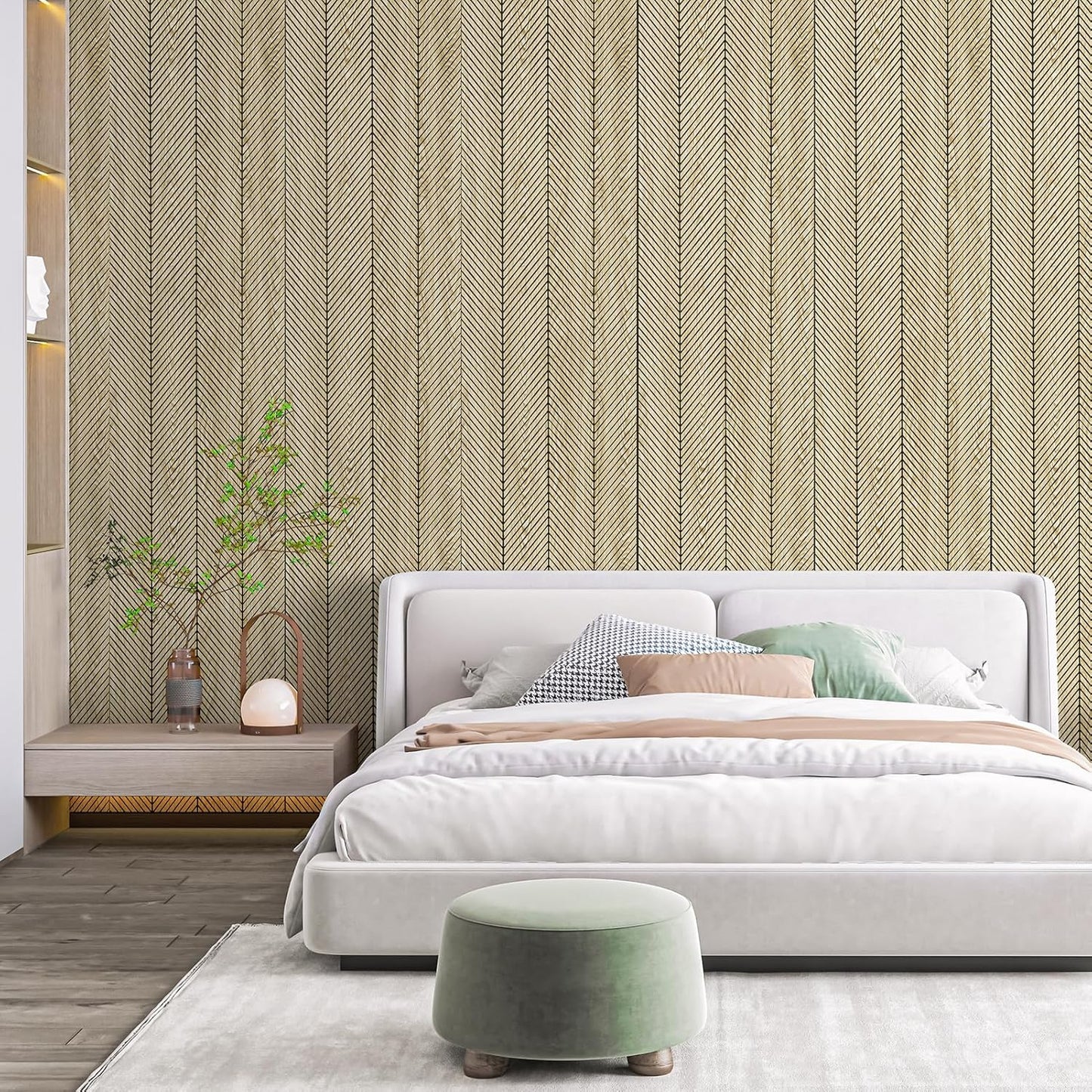 Art3d 4-Pack Glue-On Herringbone Wainscoting Panel for Interior Wall Decor - 104 x 12 Inch Polystyrene Ultralight Slim Slat Wall Panels for Living Room Bedroom, Oak