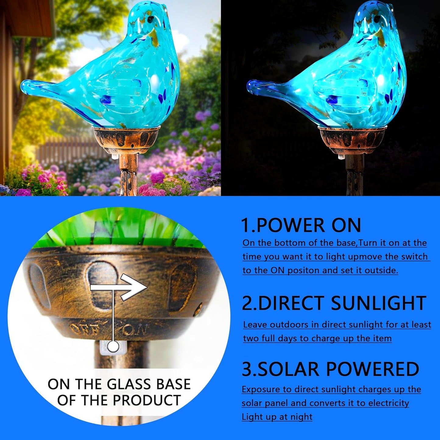 Decorative Solar Lights, Outdoor Solar Bird Stake Lights, Hand Blown Glass Decorative Garden Pathway Lights Outdoor Waterproof Glass Stakes (Light Blue)