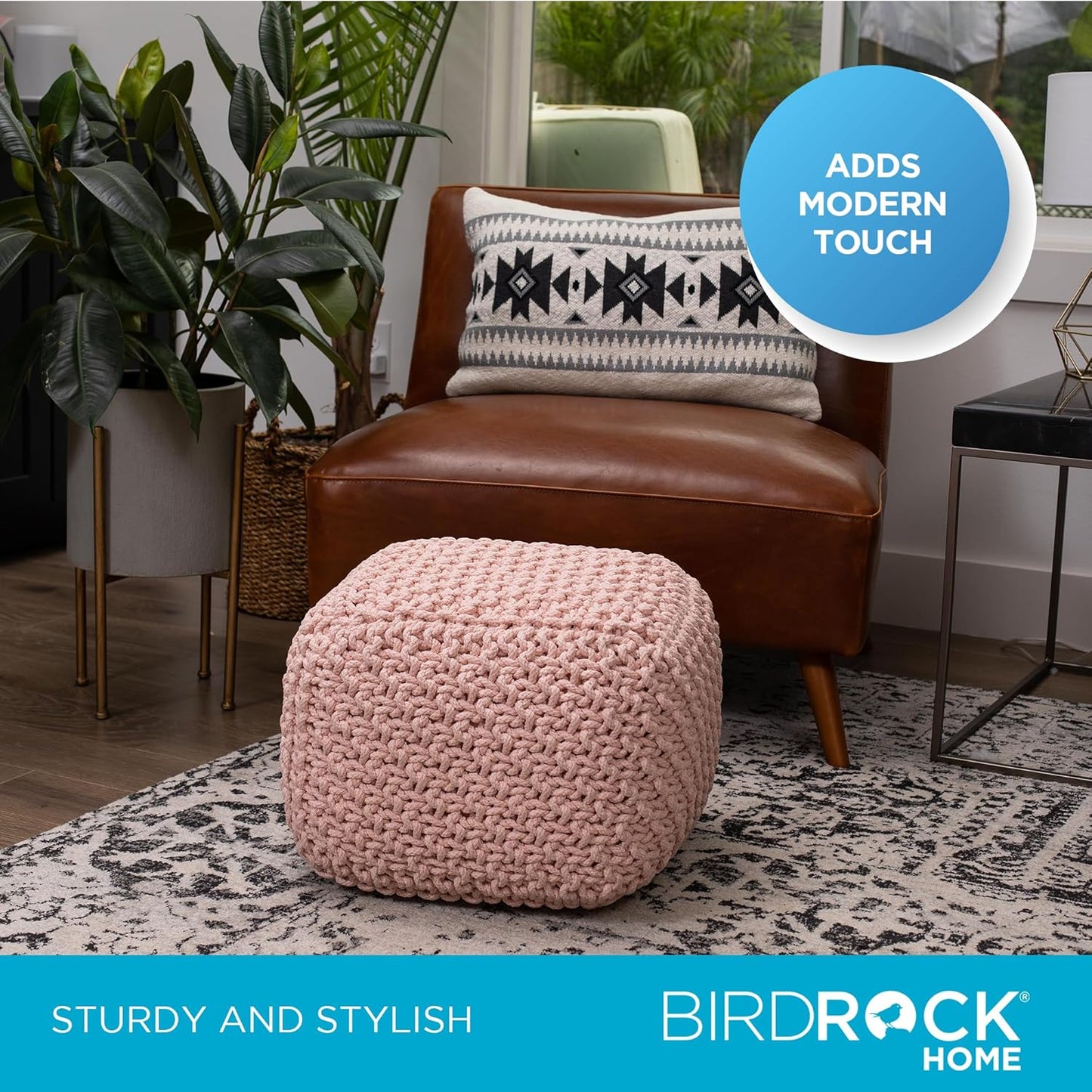 BIRDROCK HOME Square Pouf Ottoman | Cotton Braided Foot Stool with Bean Bag Filling | Boho Foot Rest for Living Room, Bedroom | Compact & Comfortable Seating, Lightweight & Sturdy | Dusty Rose