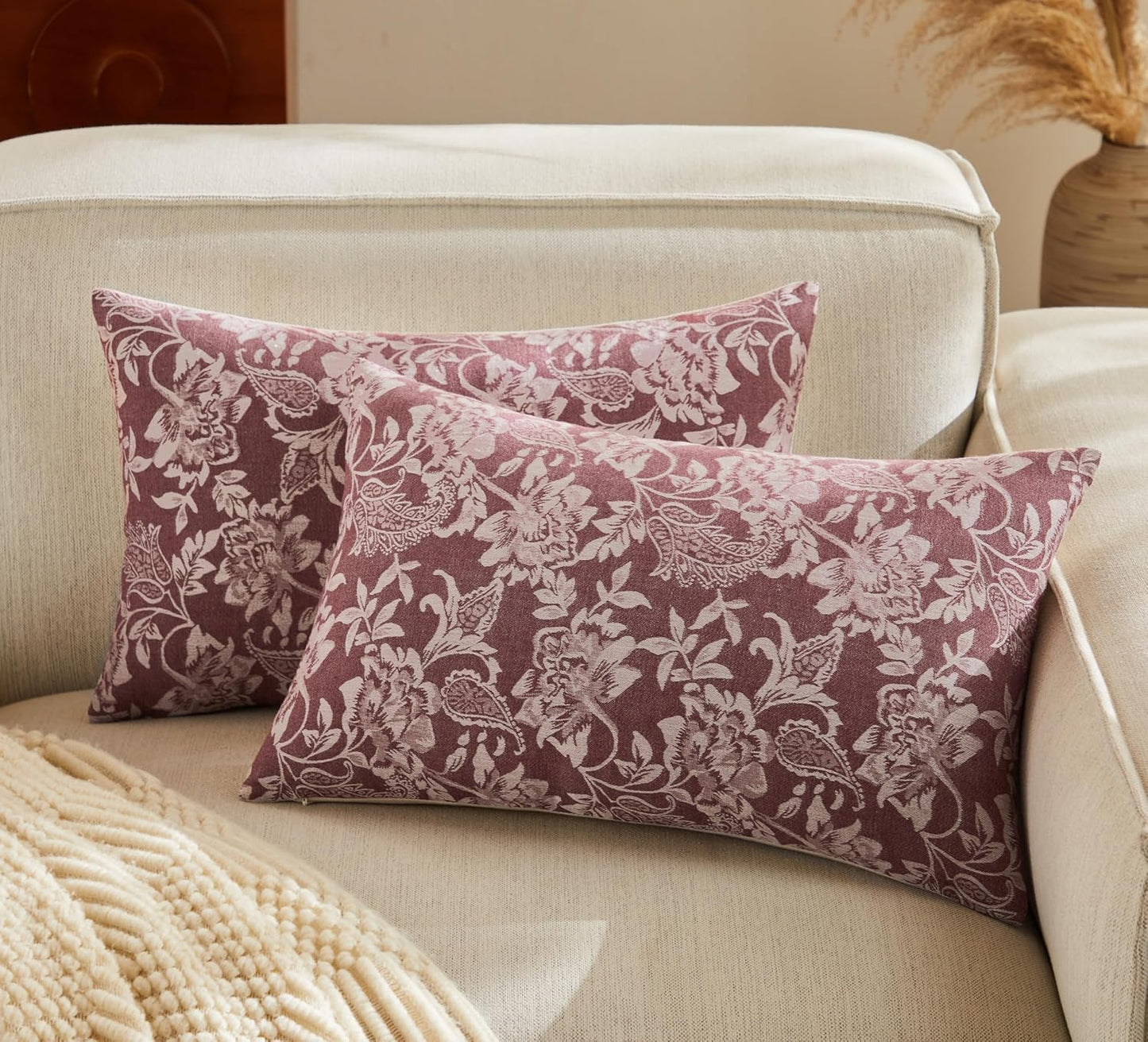 Floral Jacquard Lumbar Throw Pillow Covers Set of 2, Background/Burgundy 12x20 Inch, Farmhouse Decorative Cotton Burgundy Cushion Covers for Sofa Bed Living Room Home Decor