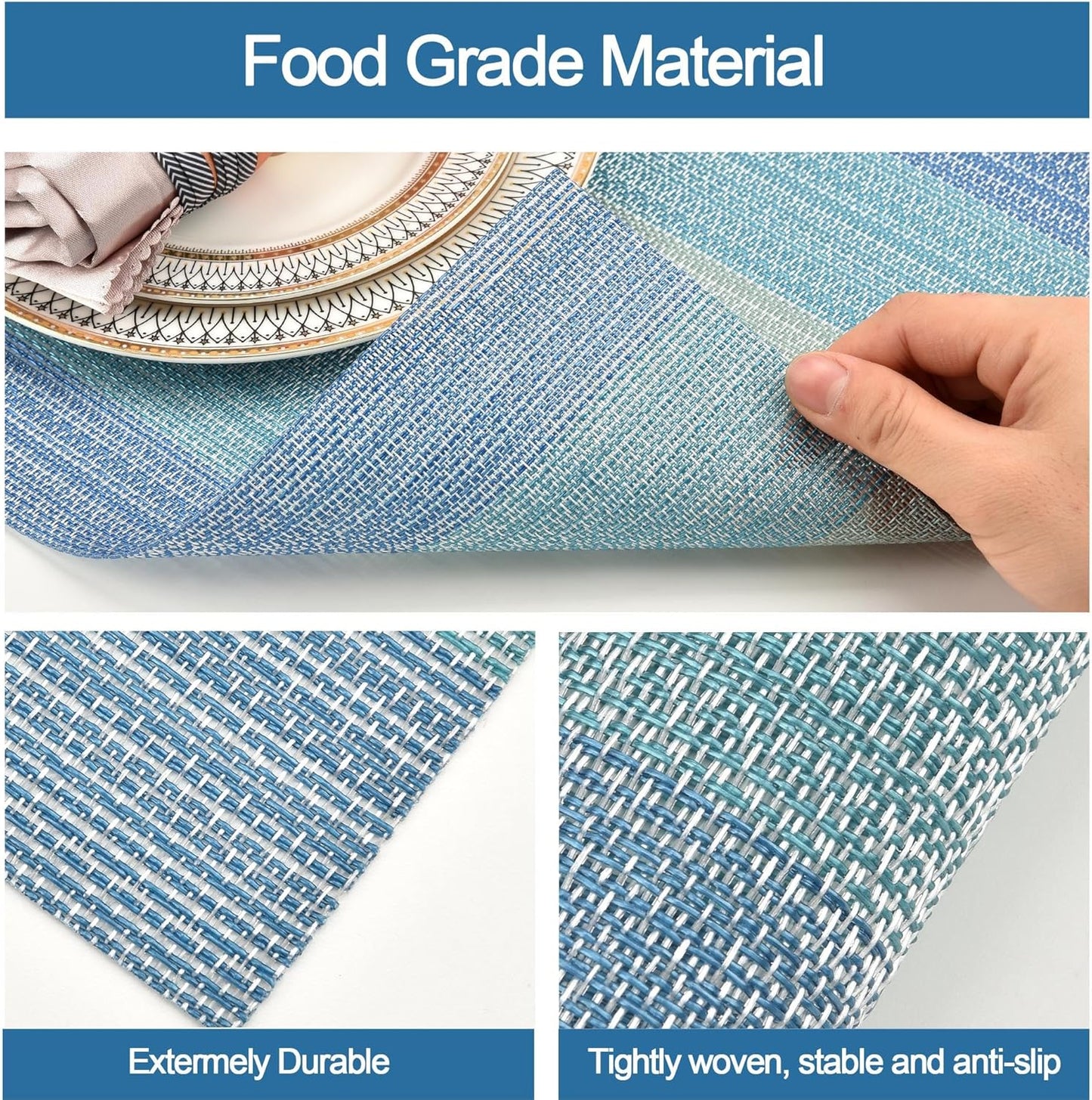 Placemats Set of 4 - Easy Clean Washable Vinyl Placemats - Wipeable Heat Resistant Table Mats for Dining Table - 17.7x11.8 Inch (4, Blue Gradient)