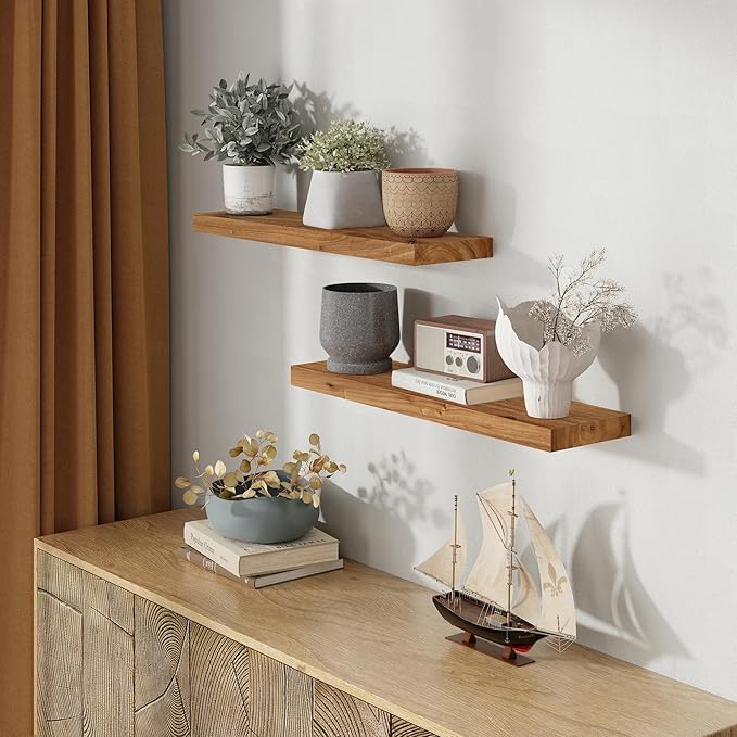 Rustic 30" Floating Shelves, Real Elm Wood Floating Shelf for Wall, Heavy-Duty Wall Shelves for Books, Wooden Floating Shelves with Invisible Bracket for Bathroom, Kitchen, Natural Color, Set of 2
