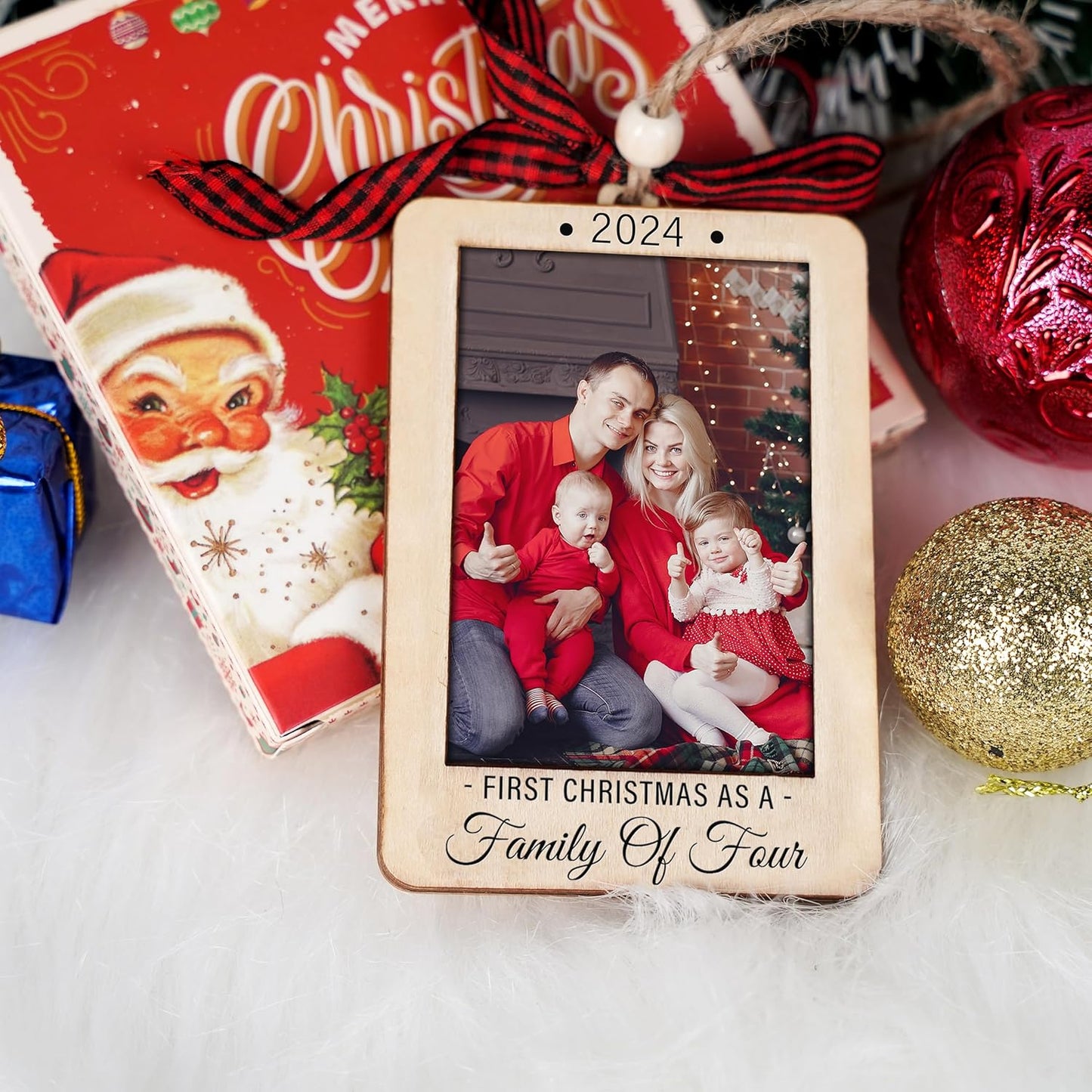 Christmas Photo Frame Ornament, 2025 Ornament, Wooden Picture Frame Ornaments With Hanging String (Family of Four)