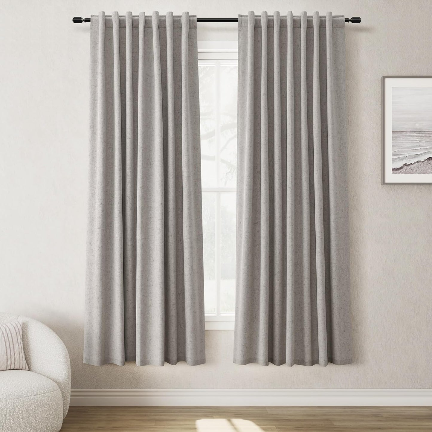 BOODII Linen Blackout Curtains for Bedroom 72 Inch Length 2 Panels Set Room Darkening Curtains Silver Gray Black Out Curtain Neutral Thermal Insulated Living Room Nursery Drapes Back Tab 52x72