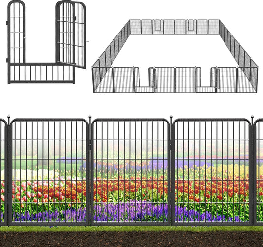 Decorative Black Metal Fencing Garden Fence with Gate, 82ft(L) 32in(H) 36 Fence Panels No Dig Fence Rustproof Animal Barrier Fence Temporary Dog Panels Fencing Outdoor