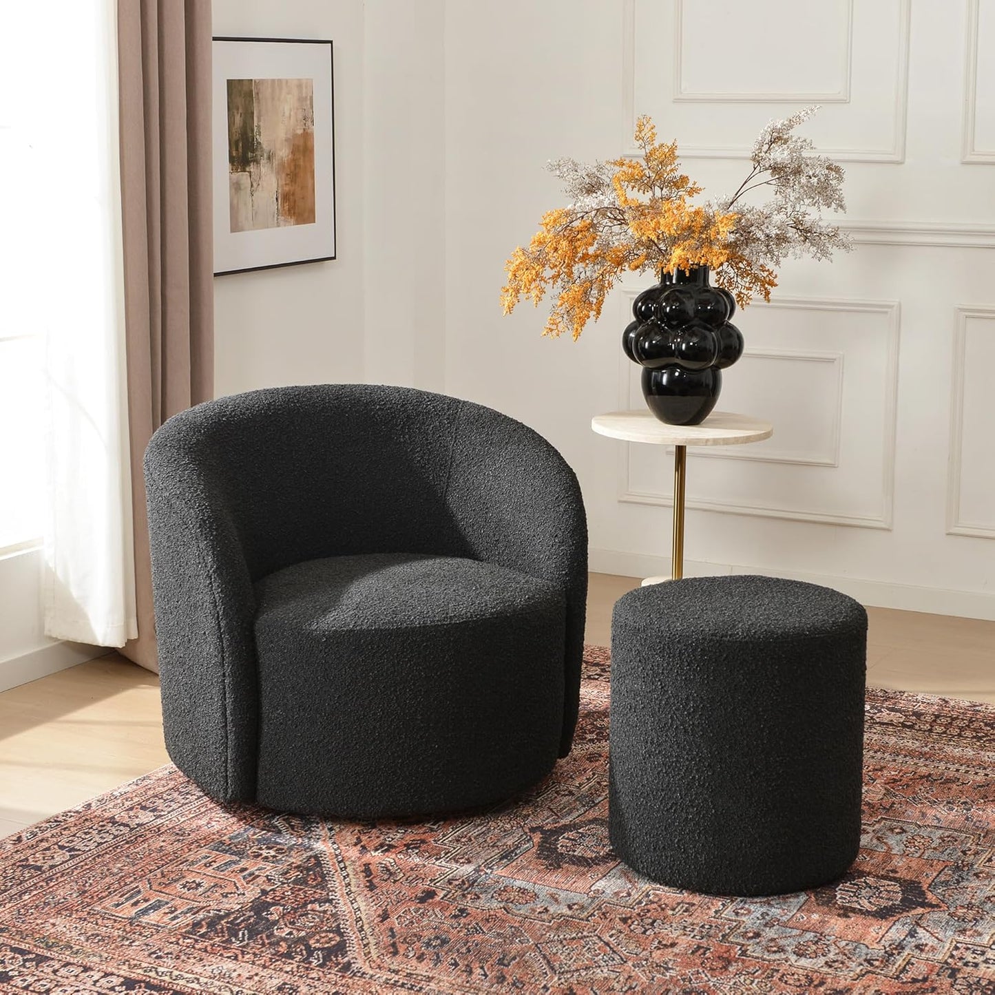 KINWELL 34" Boucle Swivel Barrel Chair with 18" Round Ottoman Set, Fully Assembled Set of Sherpa Accent Chair and Footrest, Modern Comfy Armchair and Footstool for Living Room and Bedroom, Black