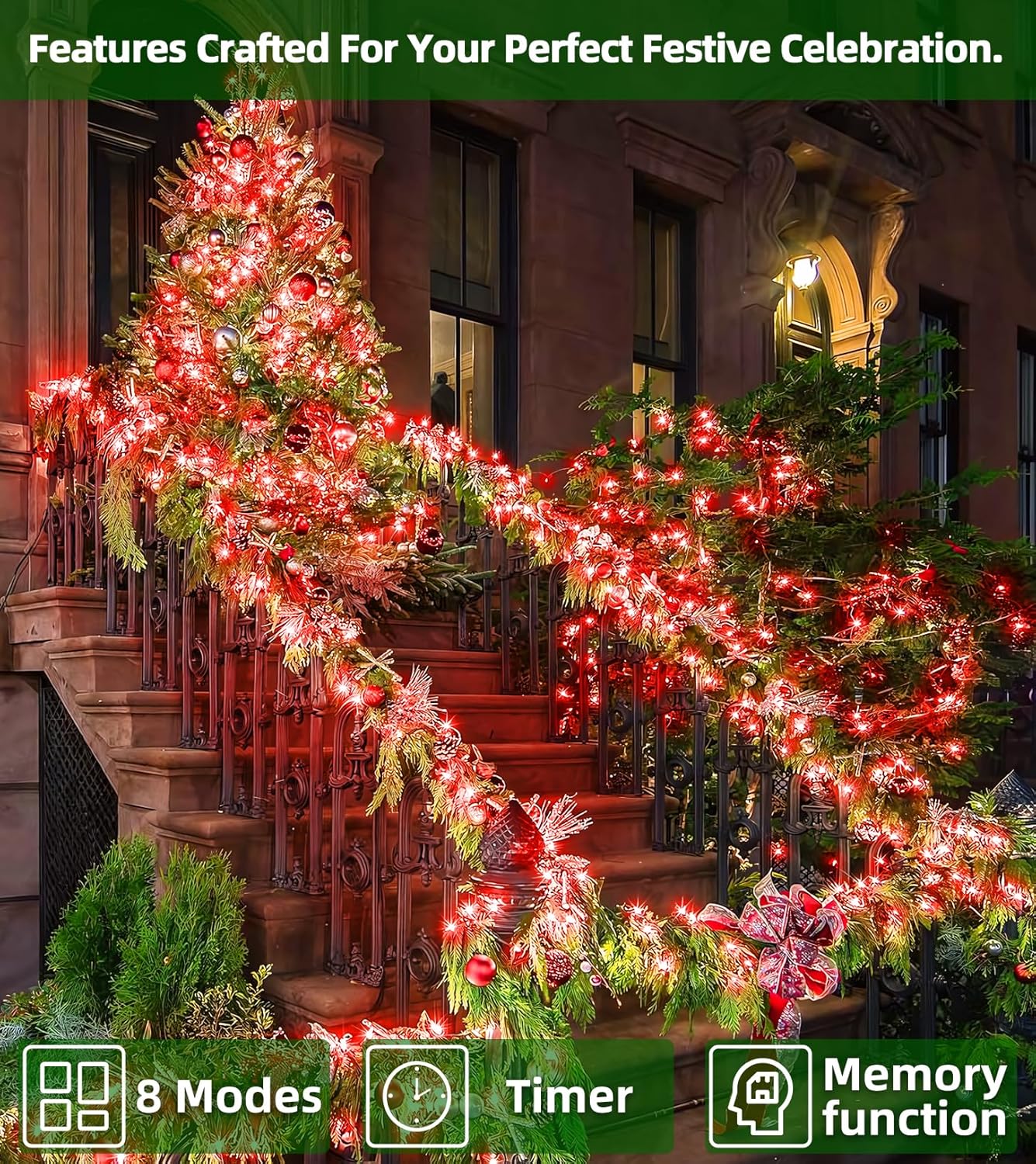 750 LED Outdoor Christmas Lights Decorations, 246ft Green Wire LED Christmas String Lights with Timer Memory, Twinkle Lighs for Indoor Outdoor Xmas Party Christmas Tree Wedding Garden Patio Red