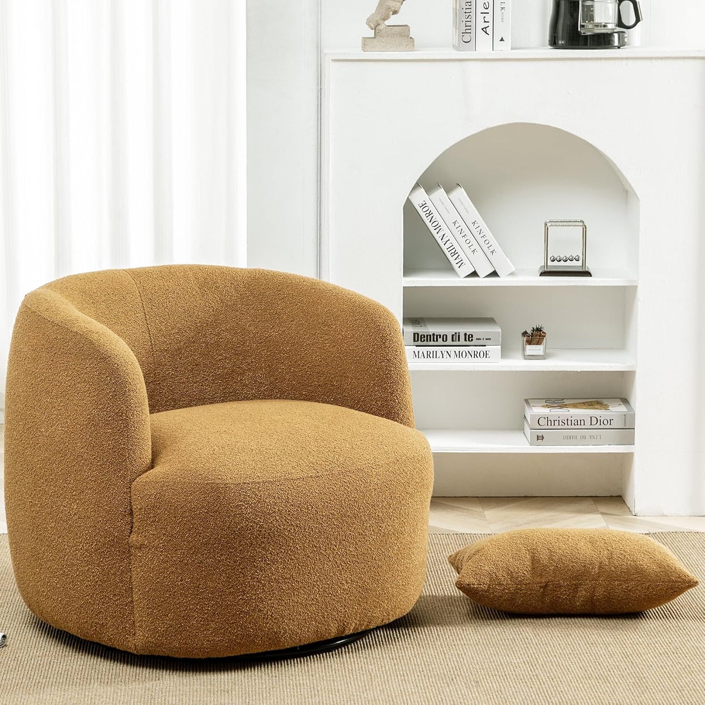 KINWELL 34" Wide Boucle Swivel Barrel Chair, No Assembly Round Upholstered Armchair Accent Chair Single Sofa Chair with Toss Pillow for Living Room and Bedroom, Brown