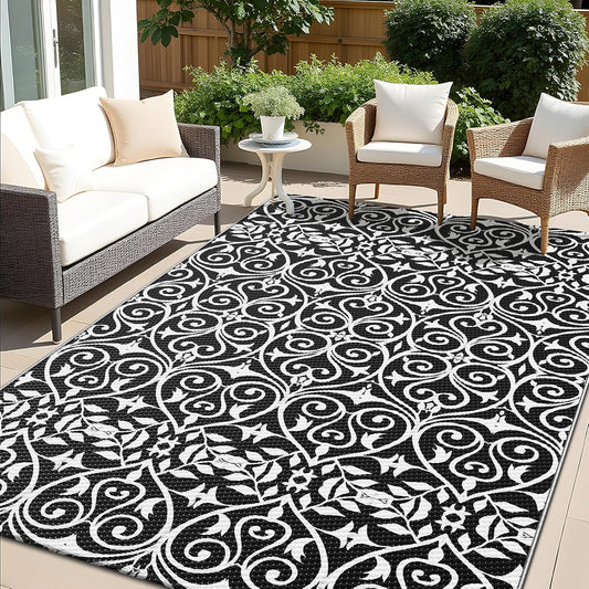 OLANLY Outdoor Rug Waterproof 5x8 ft Clearance, Reversible Outdoor Plastic Straw Rug with Floral Pattern, RV Mat for Patio, Camping, Balcony, Deck, Backyard, Black & White