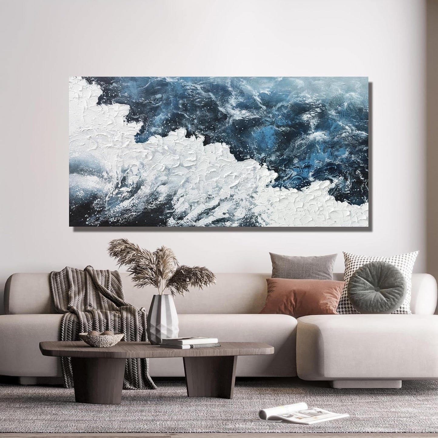 Canvas Wall Art Decor Abstract Canvas Wall Pictures for Living Room Large Blue White Wall Art Prints Beach Wave Artwork for Walls Coastal Modern Wall Art Decorations Home Office Wall Art Decor 20" X 40"