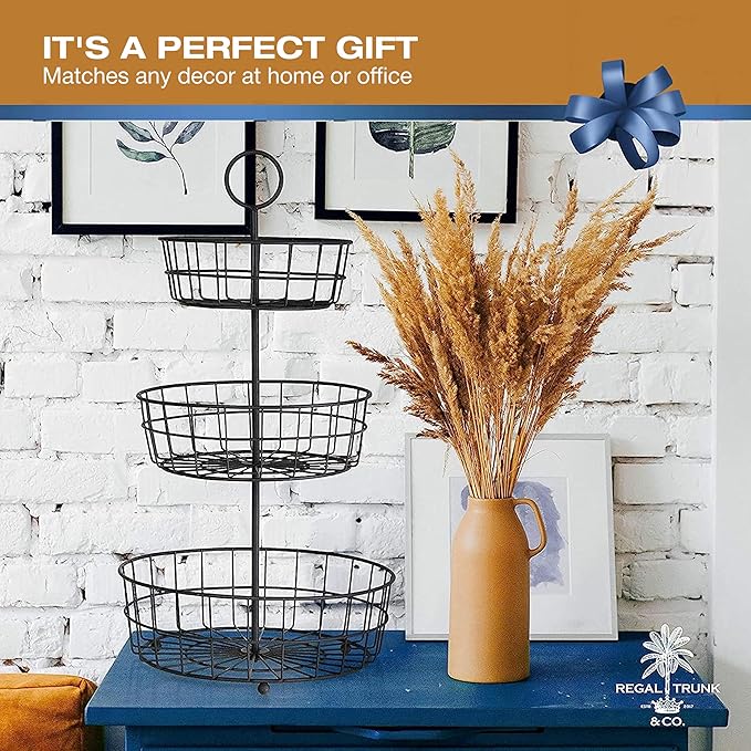 REGAL TRUNK & CO. 3 Tier Fruit Basket, Elegant French Country Wire Baskets, Three Tiered Wire Basket Stand for Vegetables, Bread & More for Countertop or Hanging, Christmas or Birthday Present
