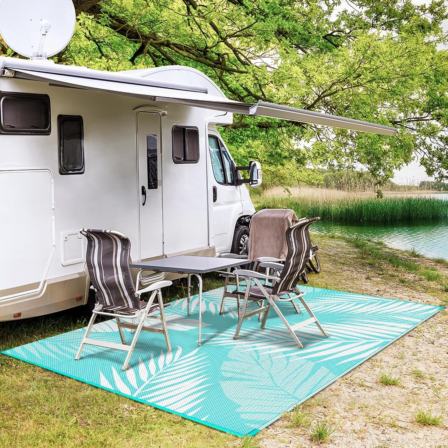 GENIMO Outdoor Rug 6' x 9' Waterproof for Patios Clearance, Reversible Outdoor Plastic Straw Camping Rug Carpet, Large Area Rugs Mats for RV, Camper, Deck, Balcony, Porch, Beach, Aqua Blue&White