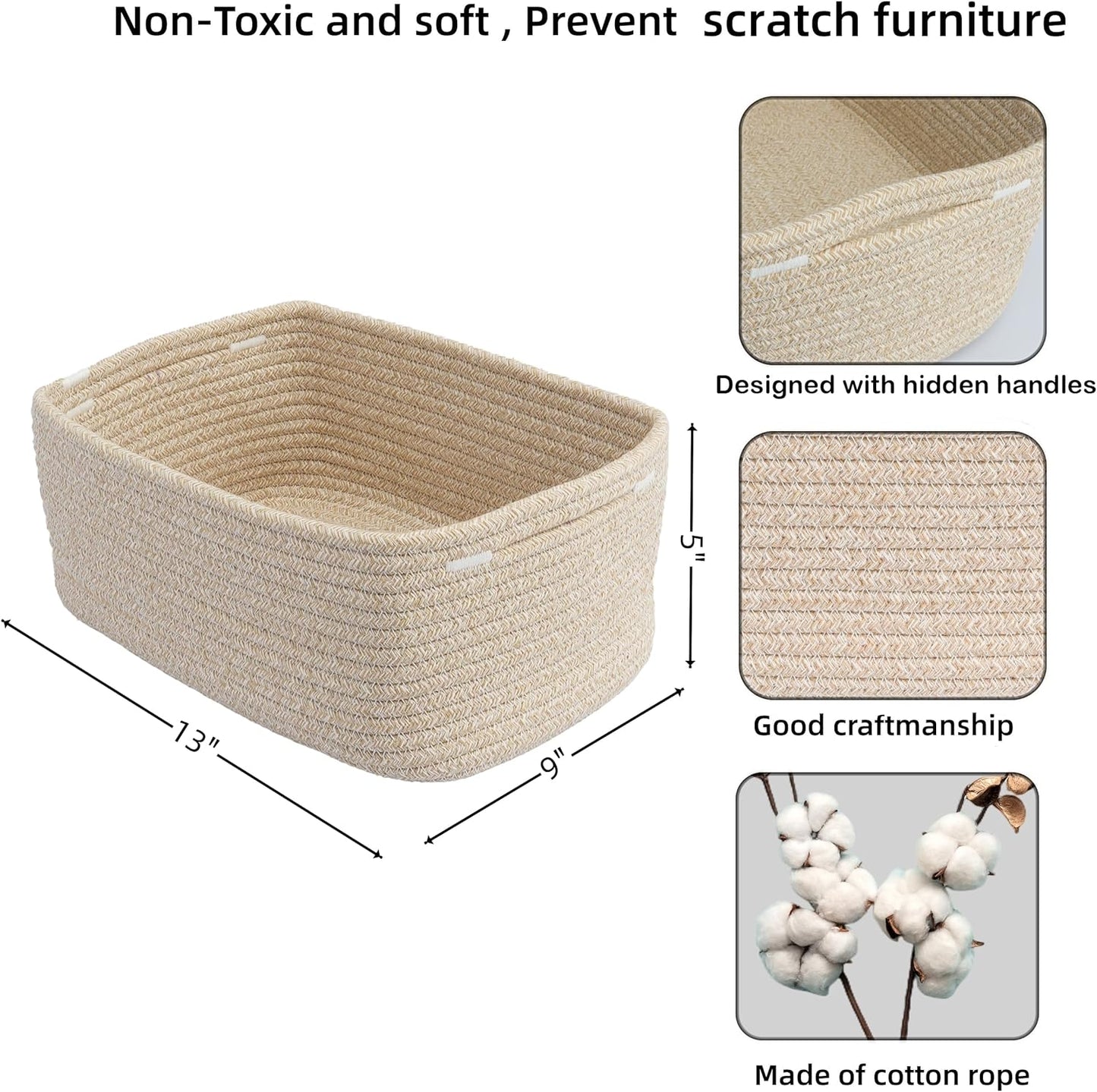 Small Woven Storage Baskets 13“X9”X5“ Decorative Rope Bins for Organizing Shelves, Closets, and Toys, Empty Gift Baskets, Cute Organizer Basket for Home and Office (oatmeal, Large)