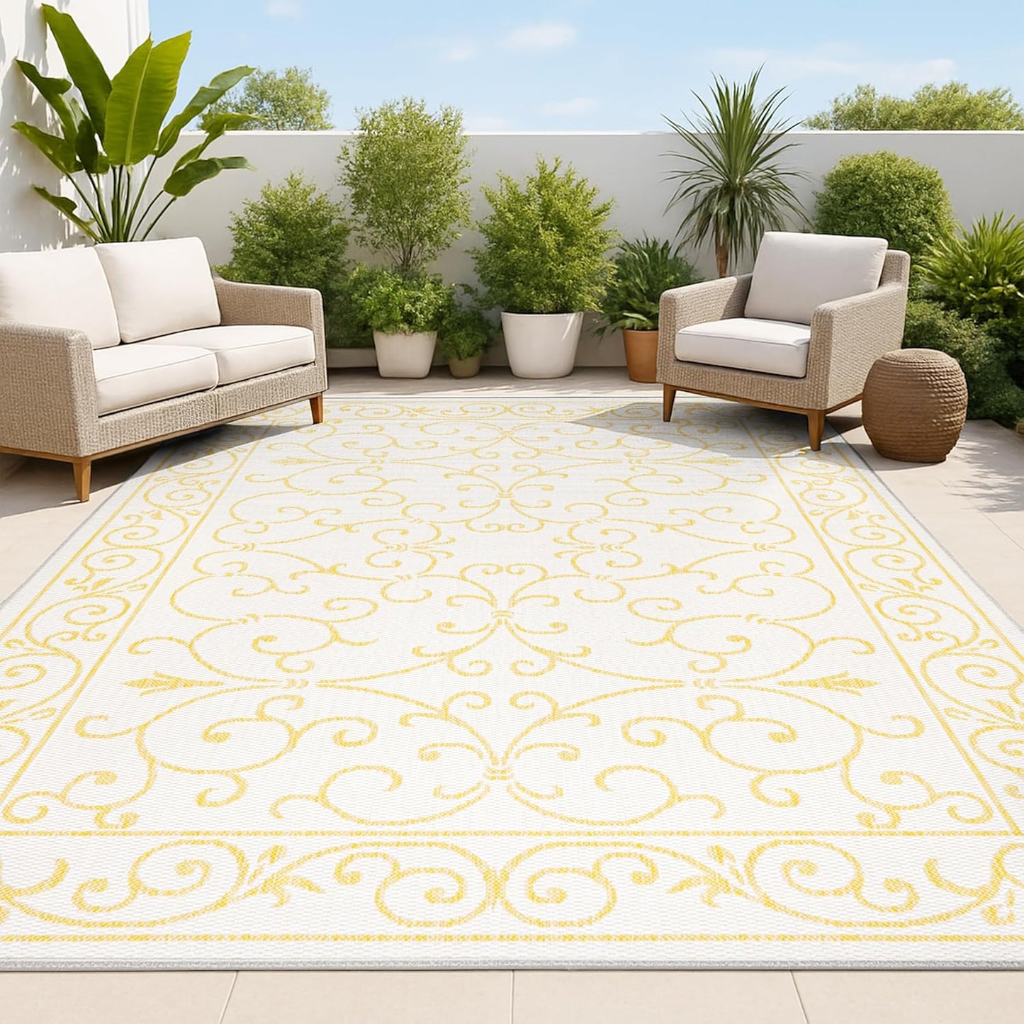 JONATHAN Y Vintage Filigree Indoor Outdoor Area Rug 9X12 Cream/Yellow, Charleston Textured Weave for Backyard, Patio, Porch, Easy-Cleaning, High Traffic, Pet-Friendly, Non-Shedding (SMB106M-9)