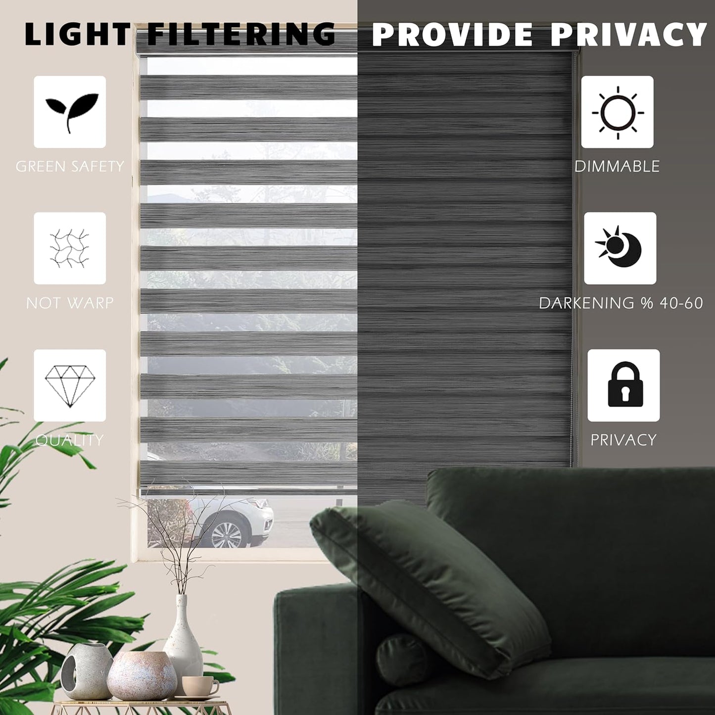 Blinds for Windows Dual Layer Zebra Roller Shades Light Filtering Sheer Window Treatments Privacy Light Control for Day and Night(W41 x H72(Inch), Grey)