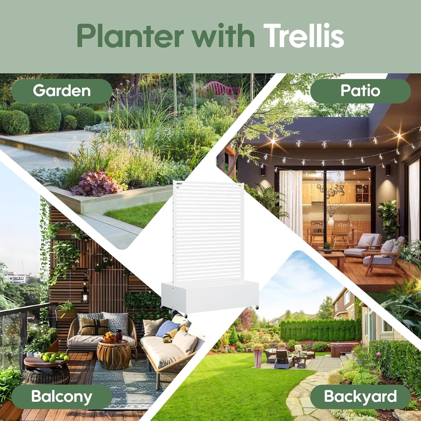 Double Metal Planter Box with Trellis Privacy Screen, Raised Garden Bed with Trellis & Wheels, Planter Box Outdoor with Drainage Holes for Climbing Plants, Vegetable, Vines,73"x 47"x 30", White