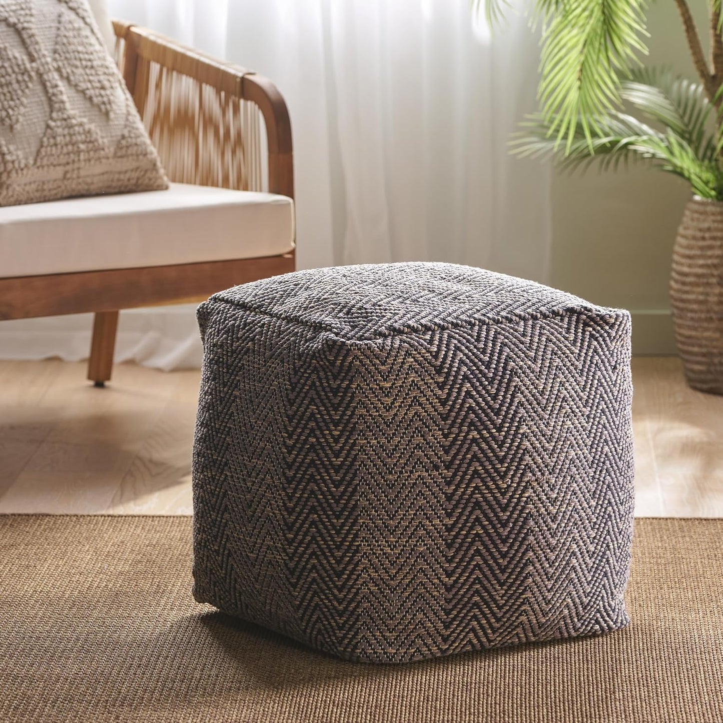 GDFStudio Boho Handmade Fabric Cube Pouf Ottoman Foot Stool - Bean Bag Floor Chair - Foot Rest Couch for Living Room Bedroom, Brown Beige and Yellow,15"" x 15"" x 15"", 312185N