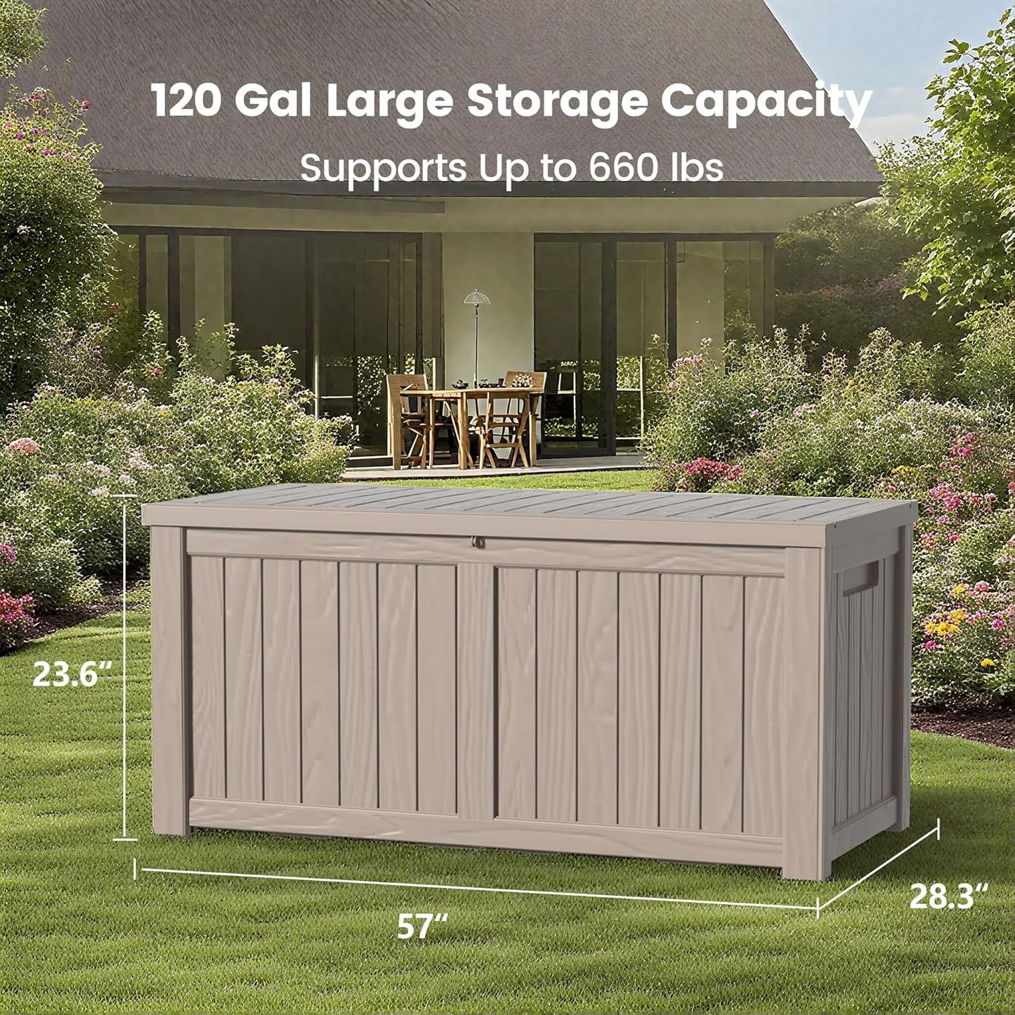 120 Gallon Outdoor Storage Box - Waterproof Resin Deck Box with Stainless Steel Rods - Lockable & UV Resistant Storage Bin for Patio Cushions & Garden Tools - Stylish Grey Design