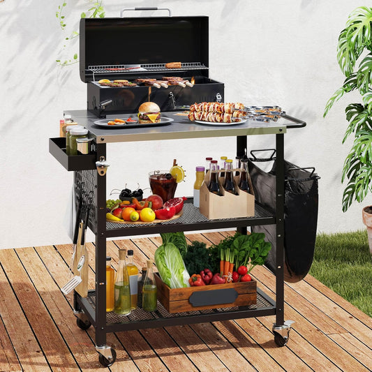 YITAHOME Outdoor Grill Cart Pizza Oven Table with Stainless Steel Top and Drop Leaf, Outdoor Grill Table with Adjustable Three-Tier Shelf and Spice Rack, Movable Bar Table for Patio, Garden, BBQ