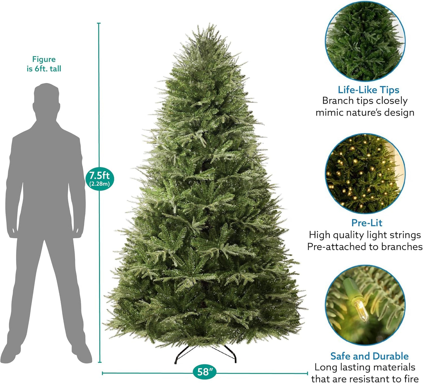 Camden 7.5ft Prelit Artificial Christmas Tree with Foot Pedal, 2755 Branch Tips, 600 Warm Lights and Metal Stand, 58" Wide Realistic Hinged Christmas Tree with Lights by Naomi Home