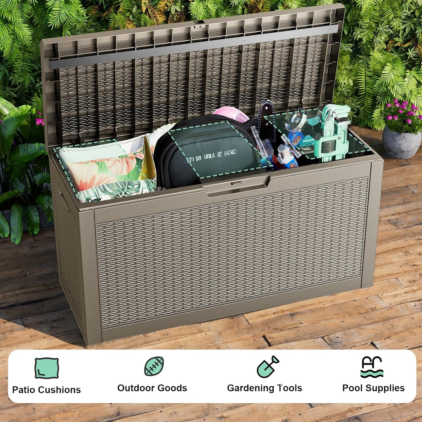60 Gallon Resin Deck Box, Lockable Outdoor Storage Box for Patio Cushions Storage Furniture,Garden Tools, Pool Supplies, Weatherproof and UV Resistant (Grey Rattan)