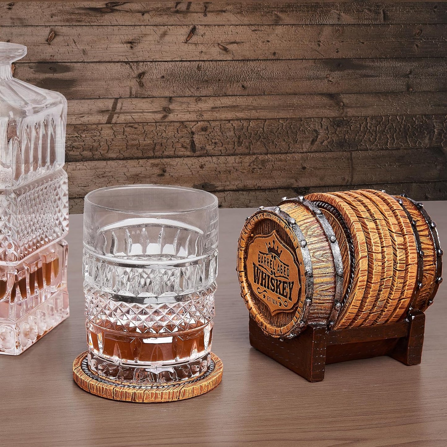 Cabin Obsession Whiskey Barrel Coaster Set – Handcrafted Whiskey Barrel Decor for Whiskey Lovers and Man Cave Gifts for Men - 6 Full Size Whiskey Coasters with Barrel Style Holder for Man Cave Décor