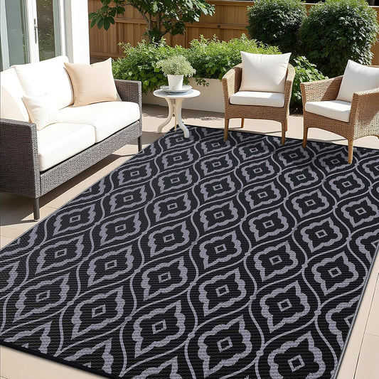 OLANLY Outdoor Rug 5x8 ft Waterproof, Outdoor Plastic Straw Rug with Geometric Pattern Clearance, Reversible RV Mat for Patio, Camping, Balcony, Deck, Backyard, Black & Grey