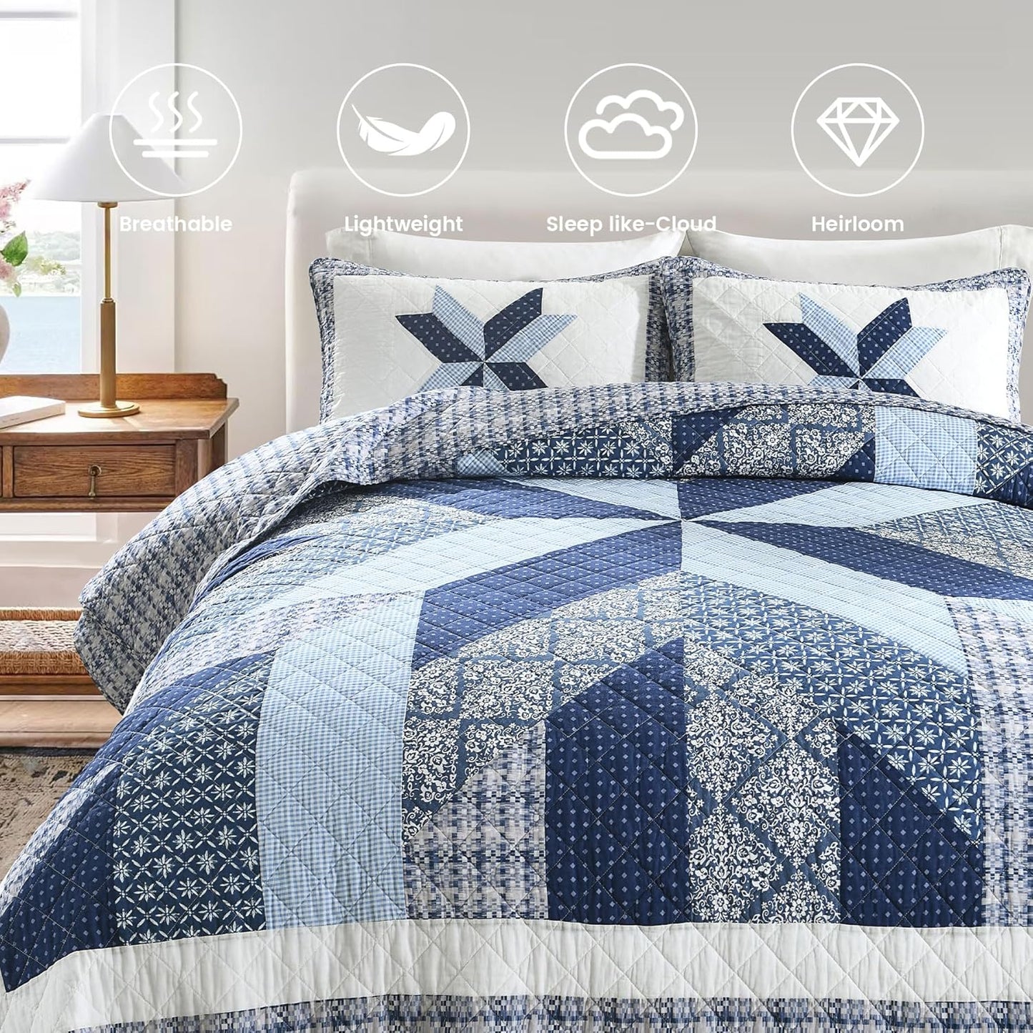 Secgo Handmade Quilted 100% Cotton King Comforter Set for Bed - 100% Cotton Quilts King Size, Black Bedspreads (96 * 108 Inch) with 2 Pillow Shams, Patchwork Reversible Lightweight Bedding