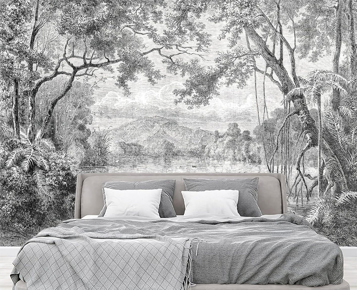 Black and White Tropical Rainforest Wall Mural Wallpaper for Bedroom 137" x 100"