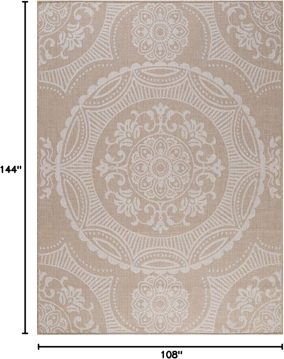 Medallion Outdoor Rug 9x12 Washable Outside Carpet for Indoor Patio Porch Waterproof Easy Cleaning Non Shedding Area Rugs Beige 9 x 12