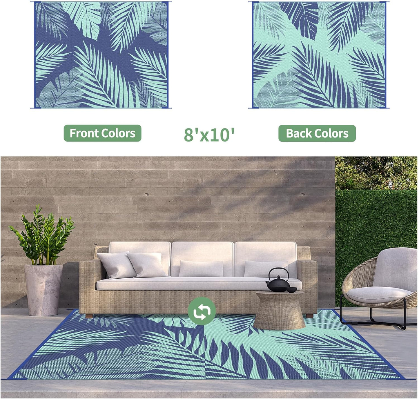 GENIMO Outdoor Rug 8' x 10' Waterproof for Patios Clearance, Reversible Outdoor Plastic Straw Camping Rug Carpet, Large Area Rugs Mats for RV, Camper, Deck, Balcony, Porch, Beach Royal Blue&Blue Green