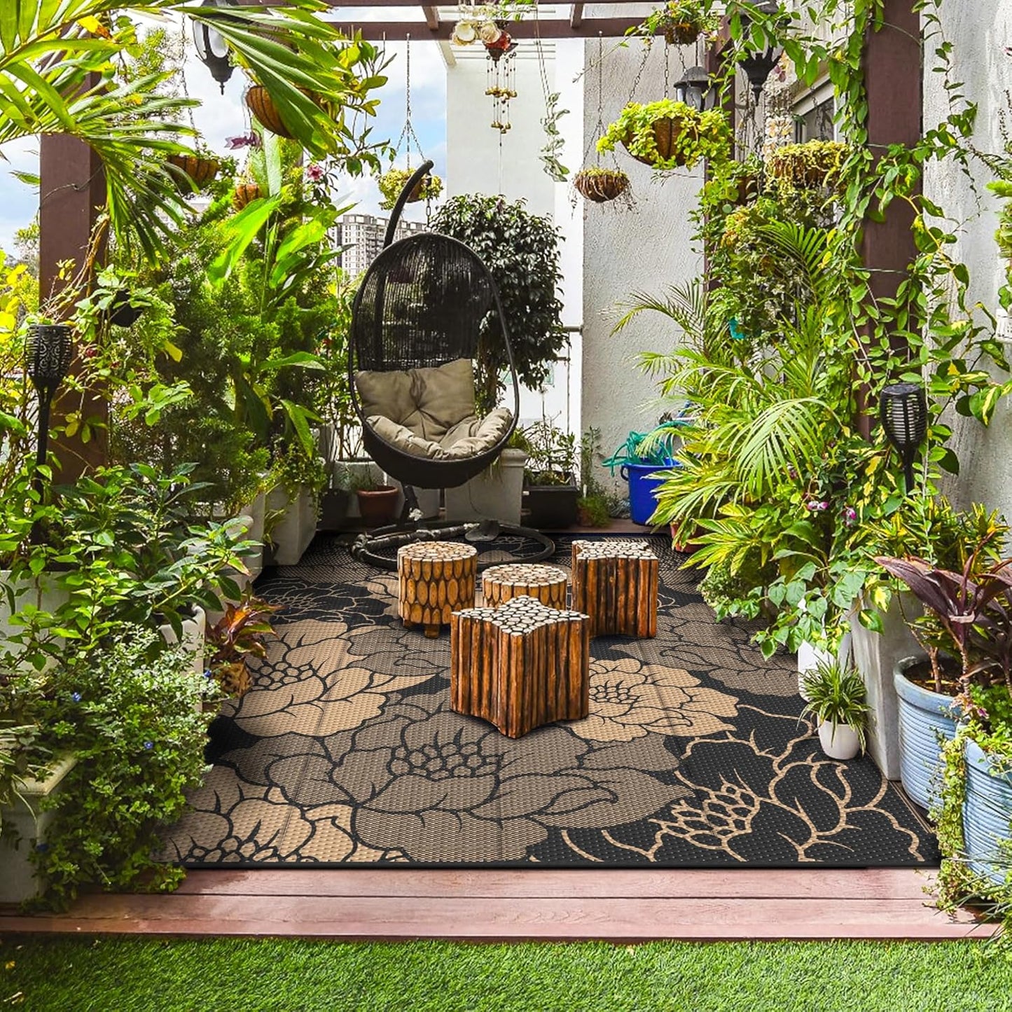 GENIMO Outdoor Rug Waterproof for Patio Decor, 8' x 10' Reversible Plastic Straw Floral Camping Carpet, Large Area Rugs Mats for RV, Camper, Deck, Balcony, Porch, Beach, Picnic, Mix-Black & Brown