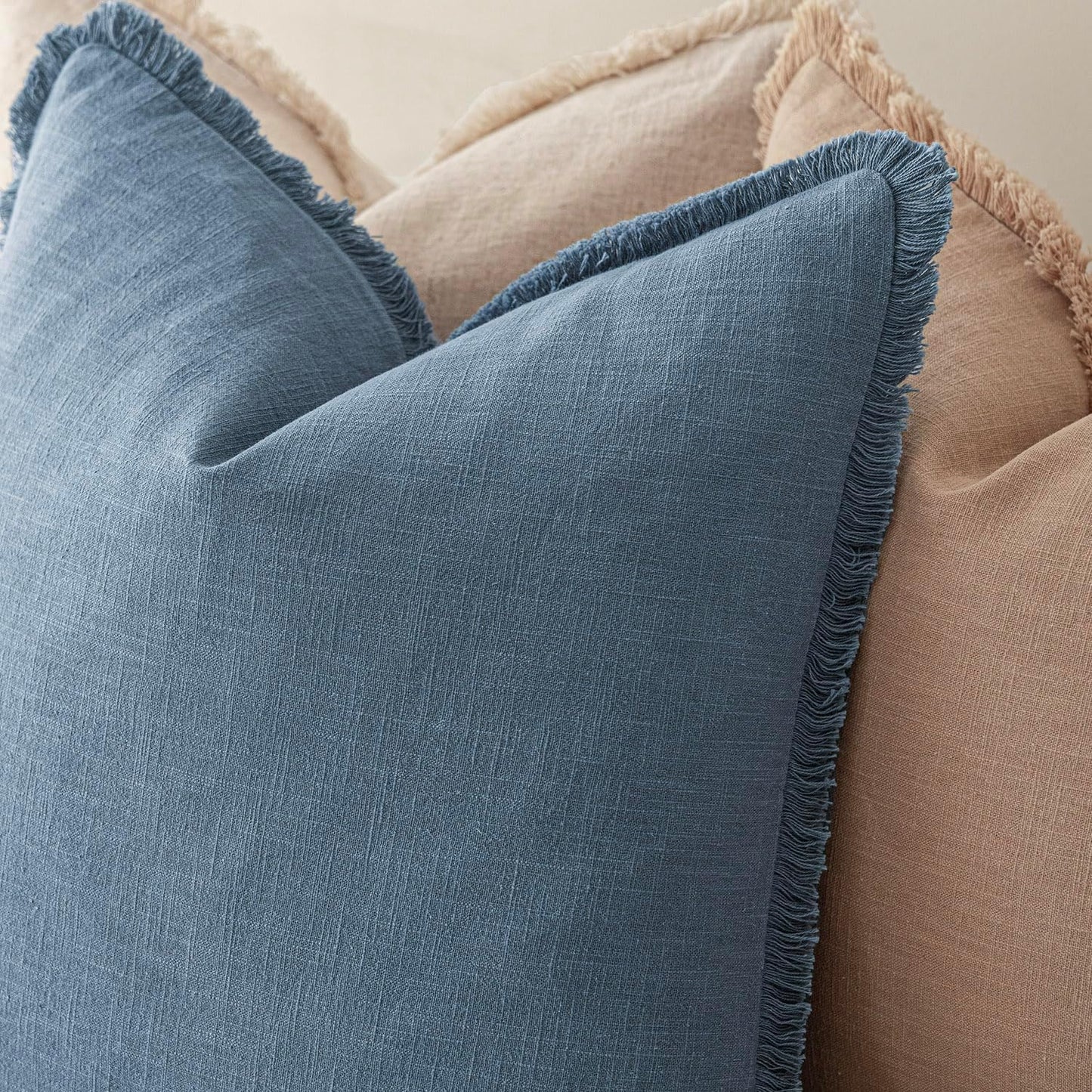 Foindtower Set of 2 Decorative Linen Fringe Lumbar Throw Pillow Covers Boho Farmhouse Cushion Cover with Tassels Soft Accent Pillowcase for Couch Sofa Bed Living Room Home Decor,12×20 Inch,Misty Blue