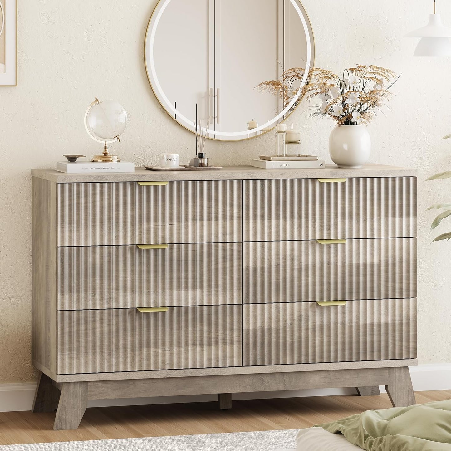 Fluted Dresser for Bedroom with 6 Drawers, 48" Wide Modern Chest of Drawers with Metal Handle, Wooden Dresser TV Stand, Wood Closet Clothes Storage Organizer for Living Room, Hallway, Grey