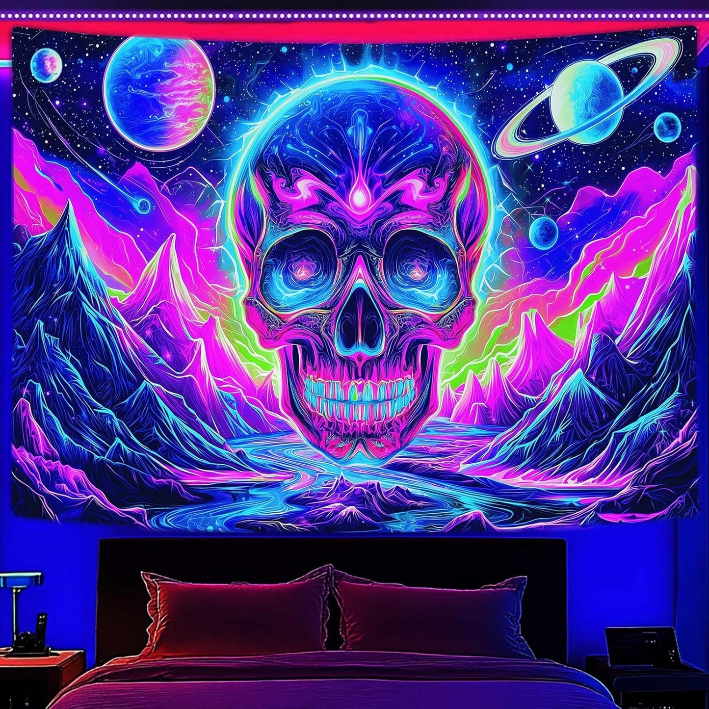 Blacklight Skull Tapestry, UV Reactive Gothic Skeleton Mountain Galaxy Planet Wall Hanging Tapestries, Glow in the Dark Horror Face Halloween Aesthetic Poster for Bedroom Living Room Decor 60X51IN