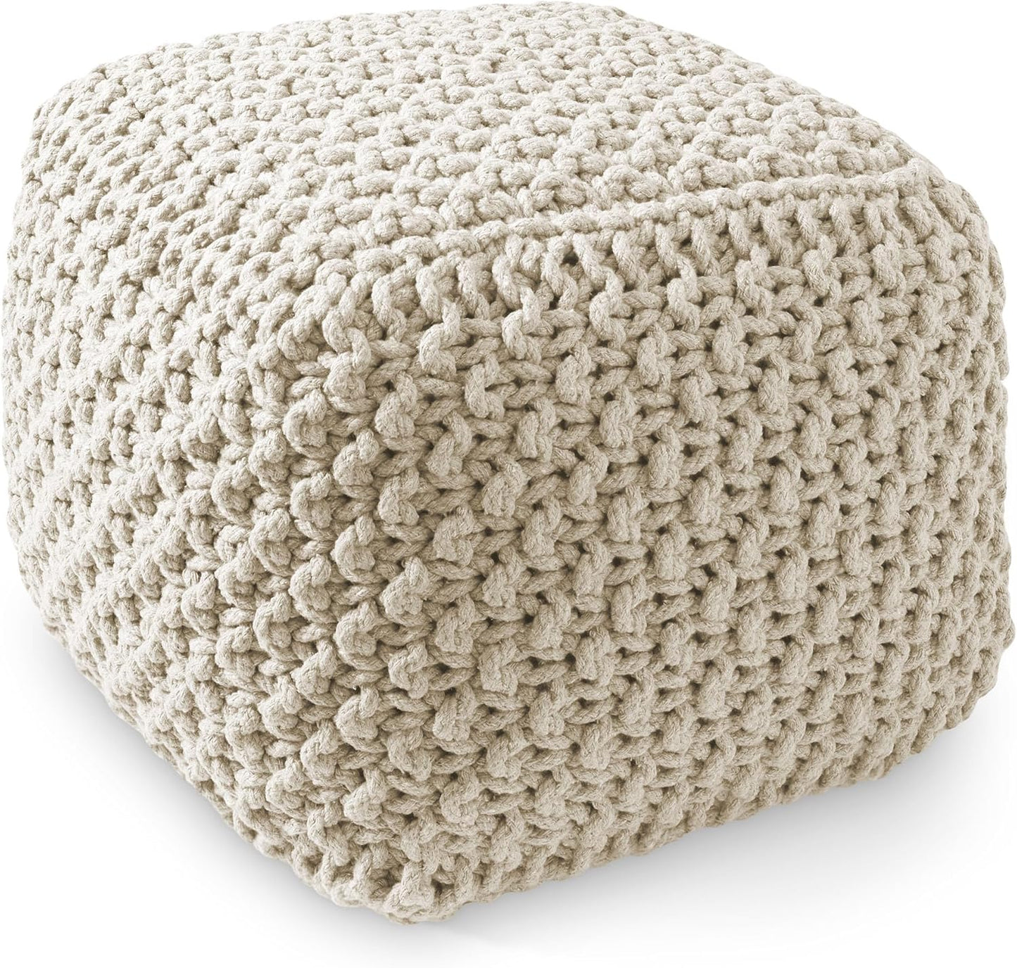 Casafield Square Pouf Ottoman, Natural - 18.5" W x 18.5" D x 14.5" H Cotton Knit Foot Stool - Boho Floor Pouffe for Living Room, Bedroom, Home Office