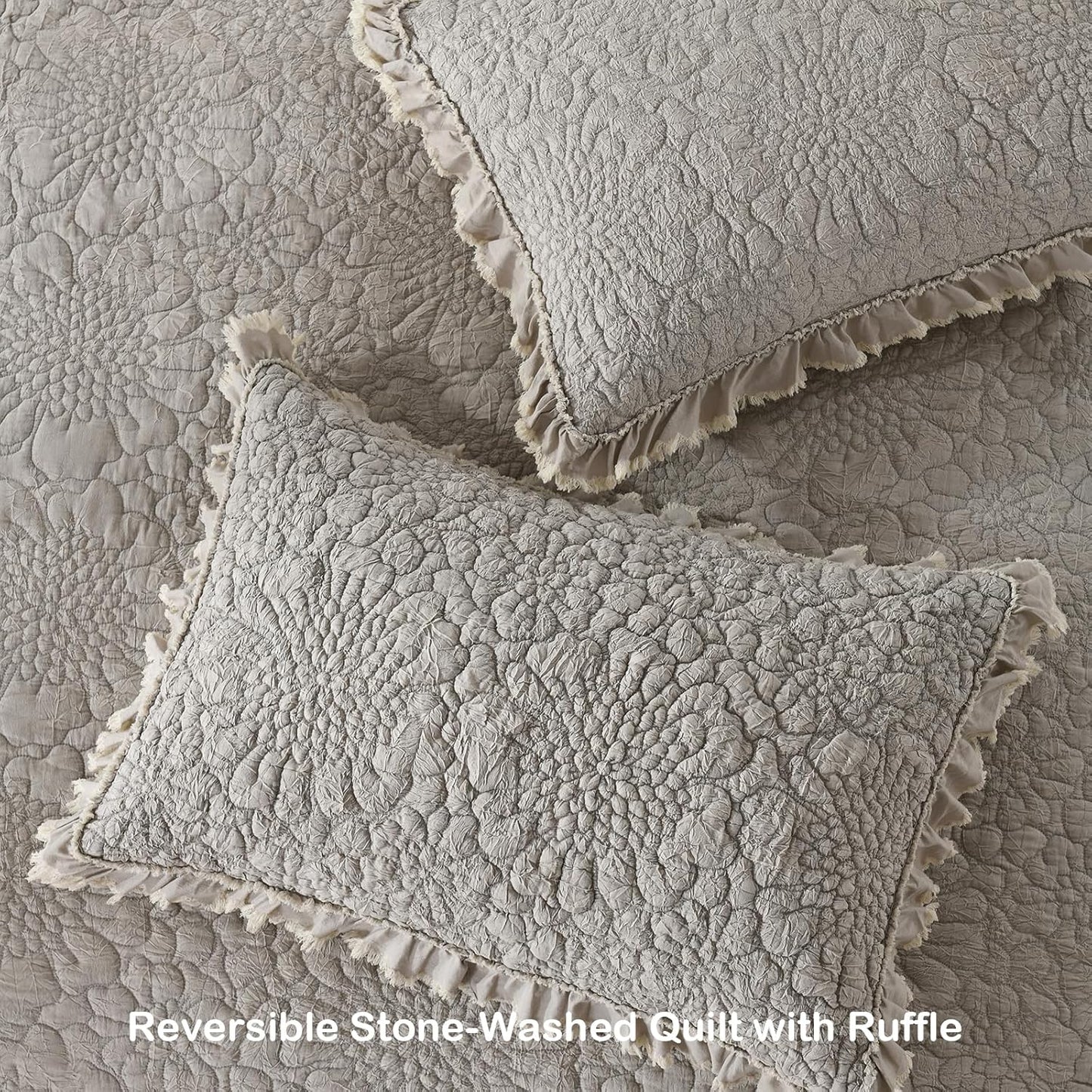 HORIMOTE HOME Beige Ruffled Quilt King Size, Stone-Washed Microfiber Lightweight Crinkled Farmhouse Rustic Shabby Chic Bedding Set, 3 Pieces Reversible Bedspread with Pillow Shams for All Season