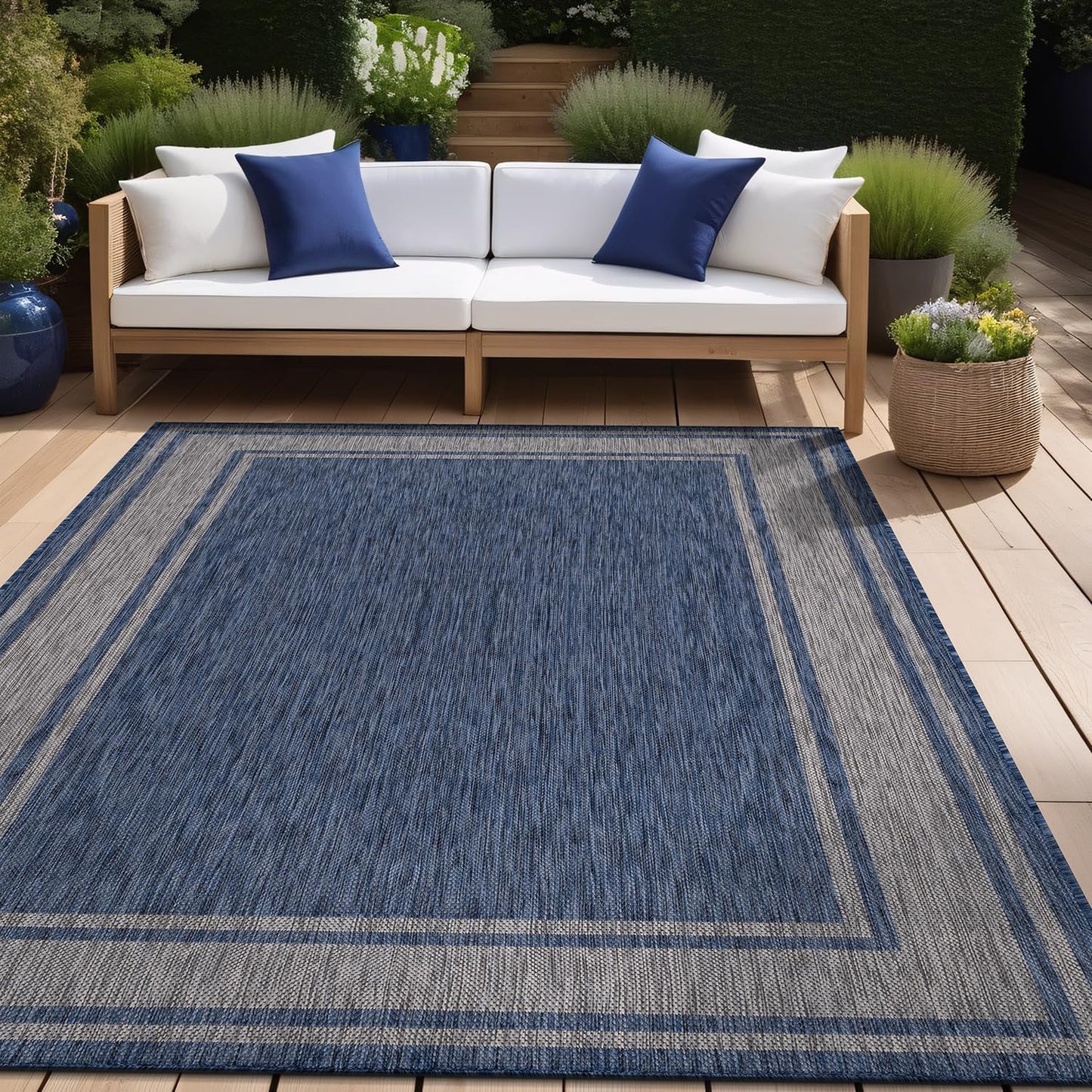 Beverly Rug Large Outdoor Rug 9x12 Modern Bordered Area Rugs for Indoor and Outdoor Patio Deck Porch Garden Waterproof Weather Sun Resistant Washable Outside Carpet (9 x 12 Navy)