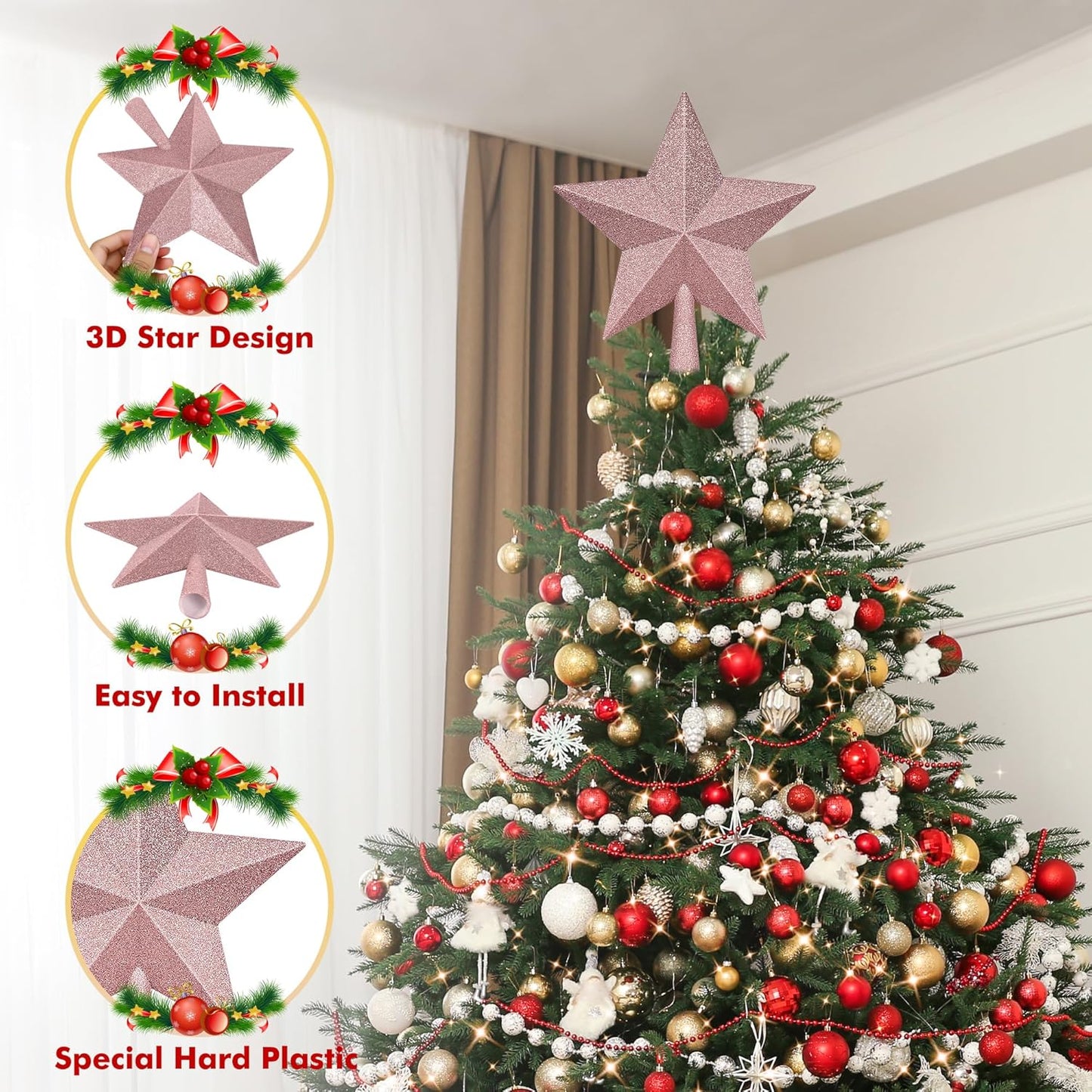 Christmas Tree Top Ornament, 10" Rose Gold Christmas Star Tree Topper, Large Xmas Glitter 3D Bethlehem Tree Topper Ornament, Waterproof Holiday Christmas Tree Topper Star for Home Indoor Outdoor