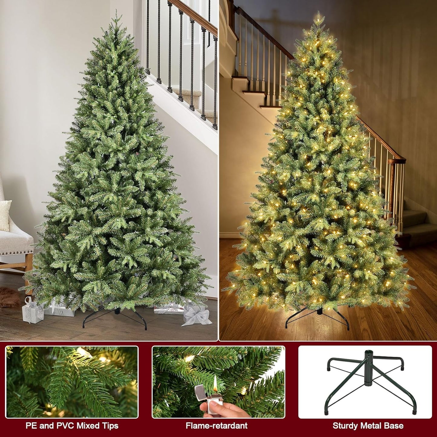 5FT Pre-Lit Artificial Christmas Tree with 1032 PE&PVC Mixed Branch Tips, 300 Warm White Lights, Hinged Premium Spruce Fake Xmas Trees, Green, Foldable Base