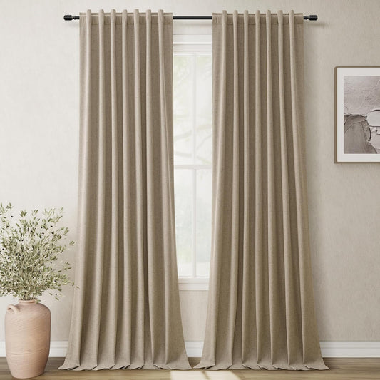 BOODII Khaki Linen 100% Blackout Curtains for Bedroom 102 Inch Long 2 Panels Window Curtain Floor to Ceiling Length for Living Room Sliding Glass Door Back Tab Linen Room Darkening Drapes 52x102