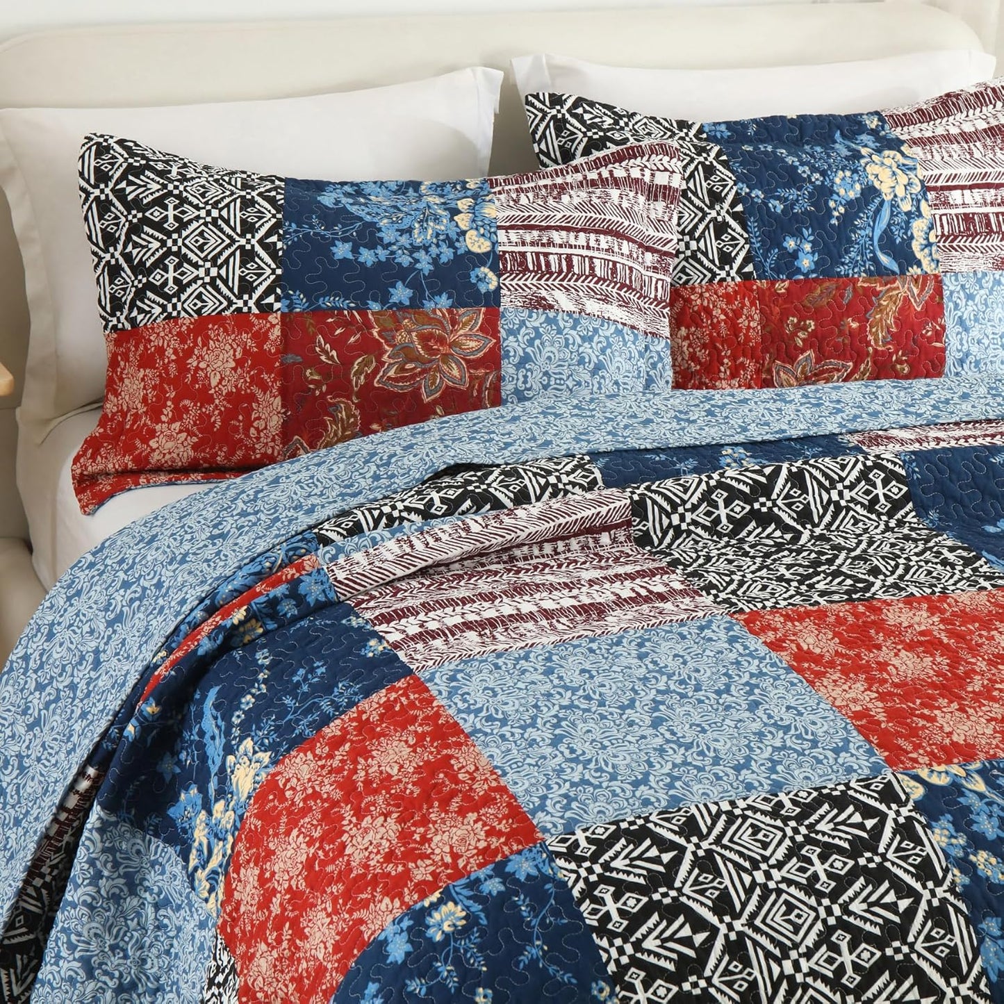 Secgo King Comforter Set for Bed - 100% Cotton Quilts Queen Size, Black Bedspreads (98 * 106 Inch) with 2 Pillow Shams, Patchwork Reversible Lightweight Bedding