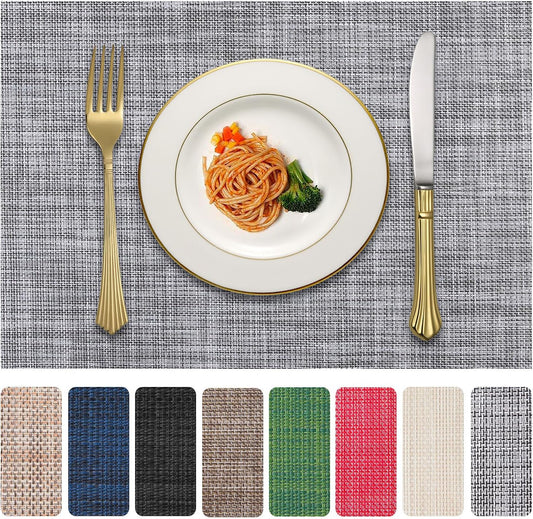 Vinyl Placemats Set of 6, PVC Woven Washable Non-Slip Table Mats, Heat Resistant Wrinkle Free Place Mats for Dining Table, Easy to Clean (6, Light Grey)