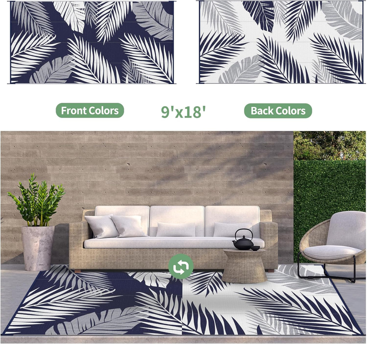 GENIMO Outdoor Rug 9' x 18' Waterproof for Patios Clearance, Reversible Outdoor Plastic Straw Camping Rug Carpet, Large Area Rugs Mats for RV, Camper, Deck, Balcony, Porch, Beach, Navy Blue&White