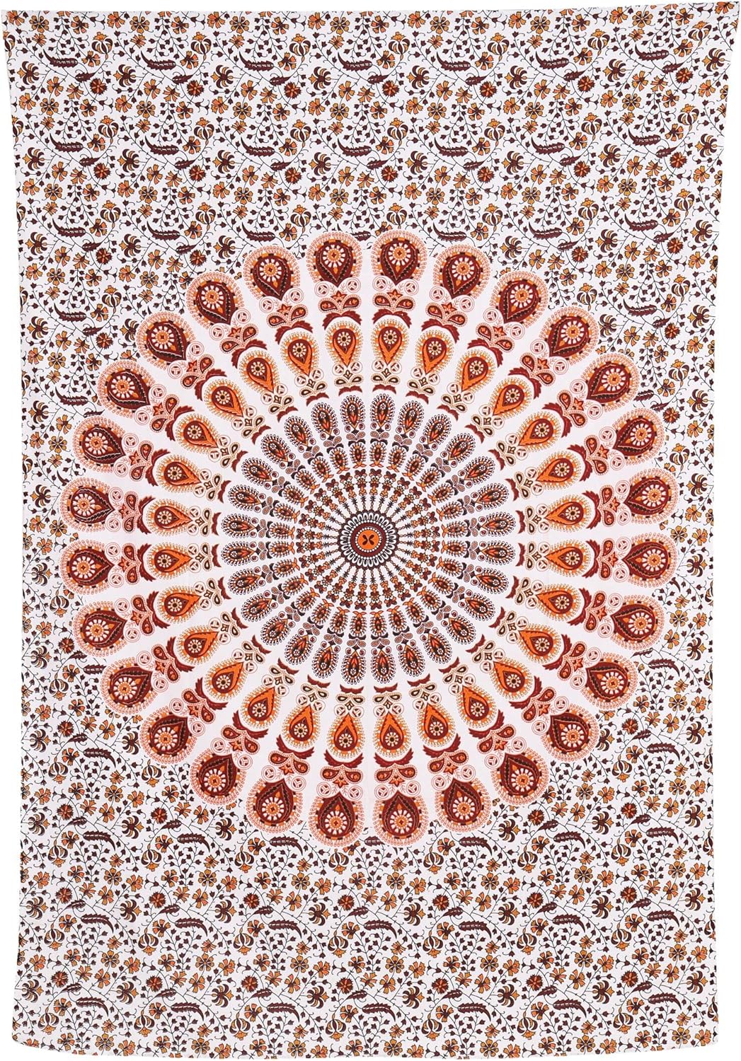 Bless International Handmade Indian hippie Bohemian Psychedelic Peacock Mandala Wall hanging College Dorm Beach Throws Table Cloth Bedding Tapestry (Orange Brown, Twin(54x72Inches)(140x185cms))