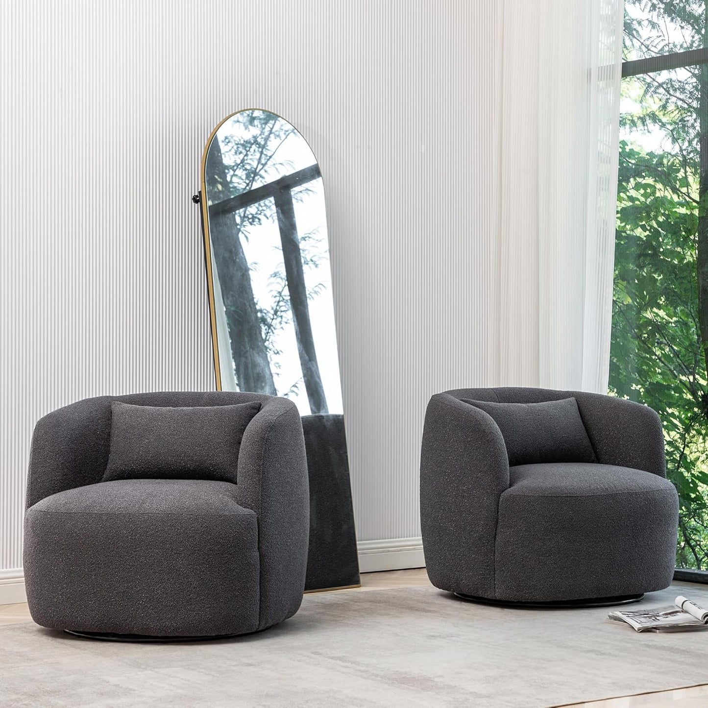 KINWELL 34" Wide Boucle Swivel Barrel Chairs Set of 2, No Assembly Round Upholstered Armchairs Accent Chairs Single Sofa Chair with Toss Pillow for Living Room and Bedroom, Dark Grey