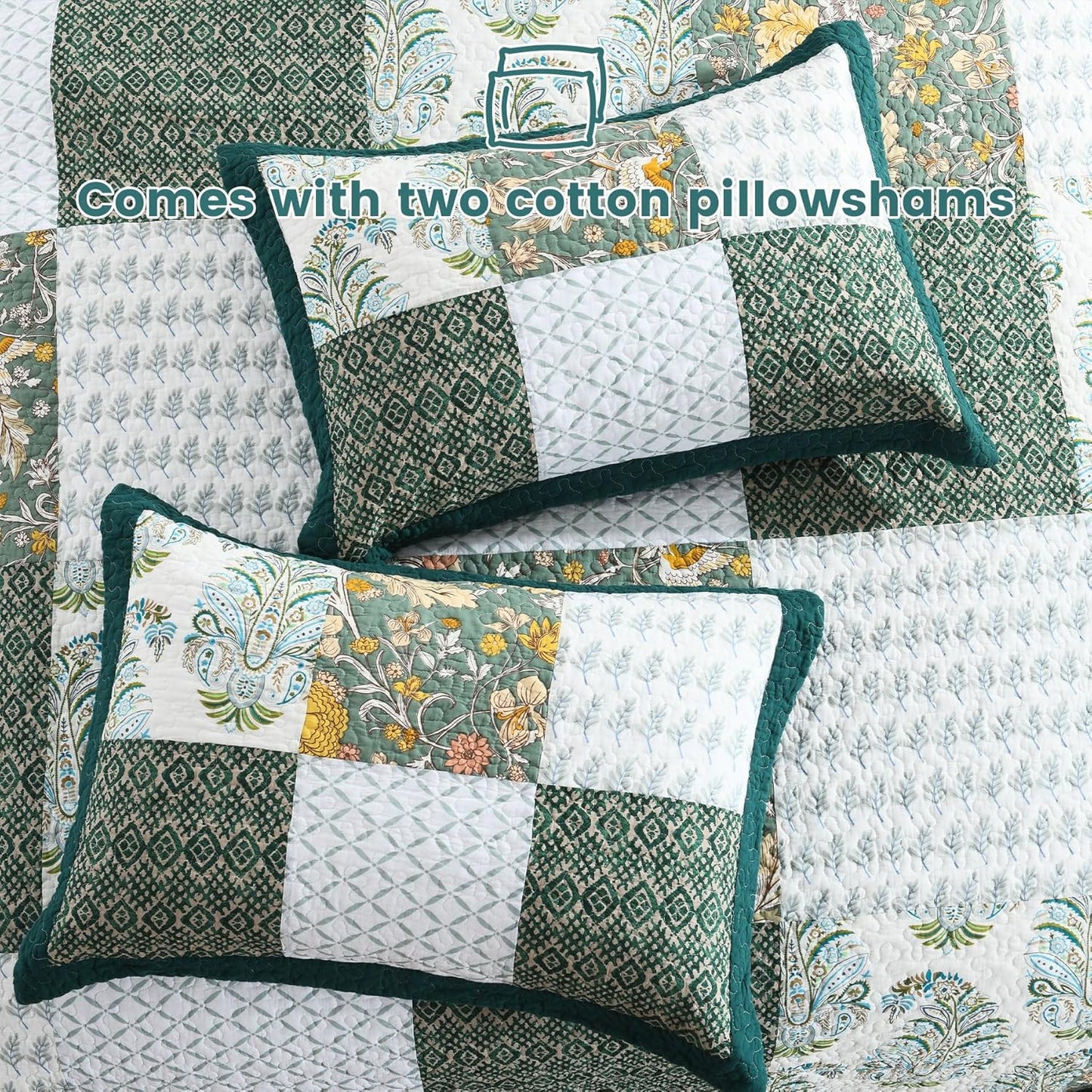 Secgo Queen Comforter Set for Bed - 100% Cotton Quilts Queen Size, Green, Emerald Bedspreads (90 * 98 Inch) with 2 Pillow Shams, Patchwork Reversible Lightweight Bedding