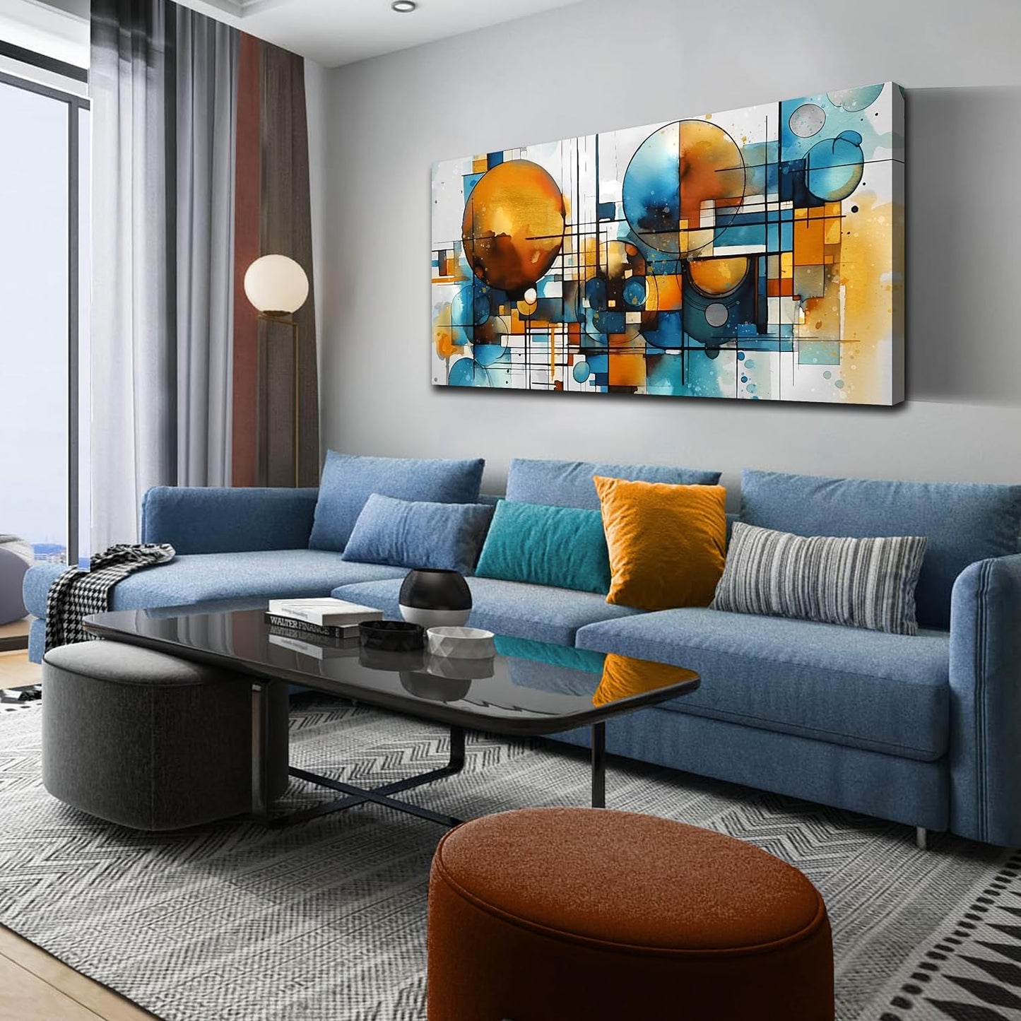 ENTANUB Abstract Canvas Wall Art for Living Room, Circle Wall Decor for Bedroom, Orange and Blue Canvas Print Paintings Artwork, Size 24x48 Inches